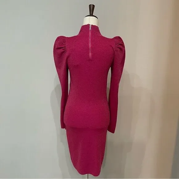 𝅺nwt Alice + Olivia Issa Metallic Puff Long Sleeve Wool Blend Dress Size Large